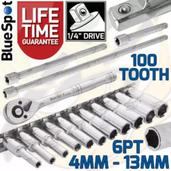 BlueSpot Deep Socket Set 1/4" Drive 4mm - 13mm 100 Tooth Ratchet & Extensions Long Reach