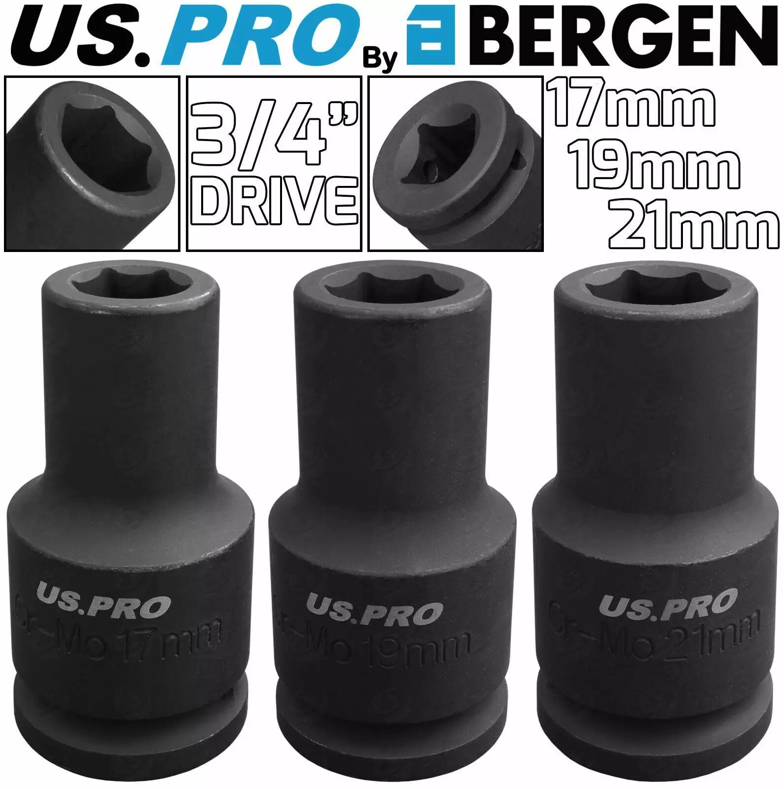 US PRO By BERGEN BERGEN 17mm 19mm 21mm 3/4" Dr DEEP IMPACT SOCKET 6 Point HEX Long Reach HD 1 US PRO By BERGEN BERGEN 17mm 19mm 21mm 3/4" Dr DEEP IMPACT SOCKET 6 Point HEX Long Reach HD