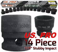 US PRO By BERGEN US PRO IMPACT Sockets Set 3/8" Dr Shallow Stubby Impact Sockets 6mm-19mm 6PT HEX