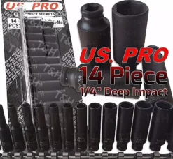 US PRO By BERGEN US PRO 1/4"INCH Drive Deep IMPACT Socket Set Long Reach Sockets 4mm-15mm 6PT Hex