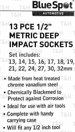 BlueSpot DEEP IMPACT Sockets Set 1/2" Drive Long Reach Thin Wall Impact Sockets 6P HEX HD -SOCKET SETS & EXTENSION BARS Sales 12736fd1 c702 4b5c 908f 0a3738ca2dad