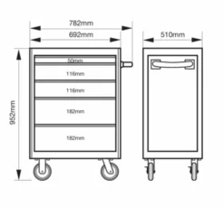 Bahco 1472K5 E72 5 Drawer 26" Mobile Roller Cabinet Orange -SOCKET SETS & EXTENSION BARS Sales 1472K5 Dims 1