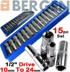 US PRO By BERGEN BERGEN 1/2" Drive Deep Socket Set 10-24mm Single Hex Long Reach Deep Sockets15pc