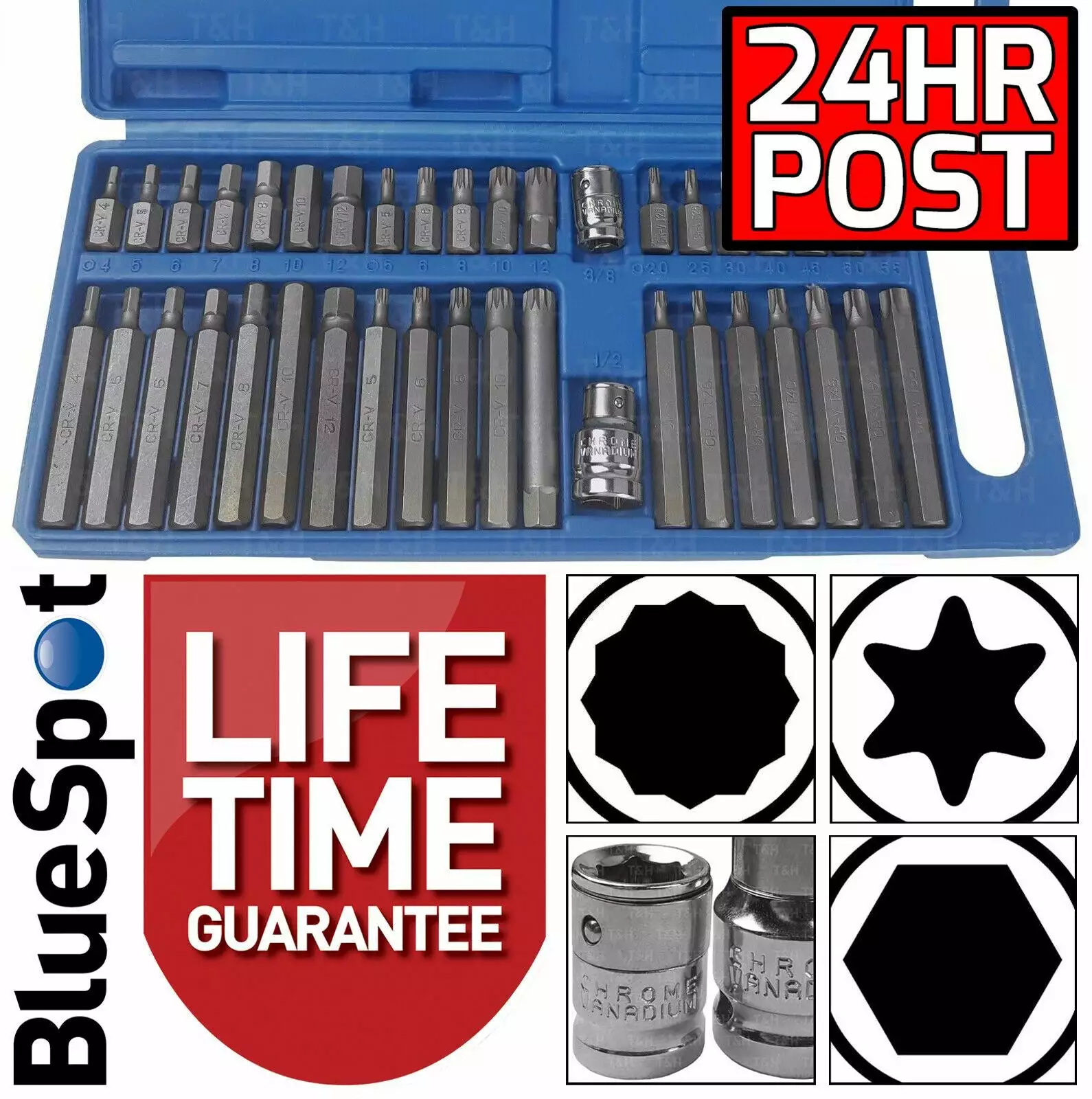 BlueSpot Hex Torx Star & Spline Socket BIT Set 1/2" & 3/8"dr Short & Long Reach Allen Key 1 BlueSpot Hex Torx Star & Spline Socket BIT Set 1/2" & 3/8"dr Short & Long Reach Allen Key
