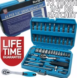 BlueSpot 46 Pce 1/4" Drive Socket Set With 72 Tooth Ratchet & Torx Bits, Hex Bits, PZ2 PH
