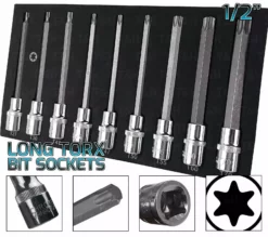 US PRO By BERGEN BERGEN Extra Long TORX BIT Socket Set 1/2" Dr Star Keys T27-T70 TX Torx Sockets