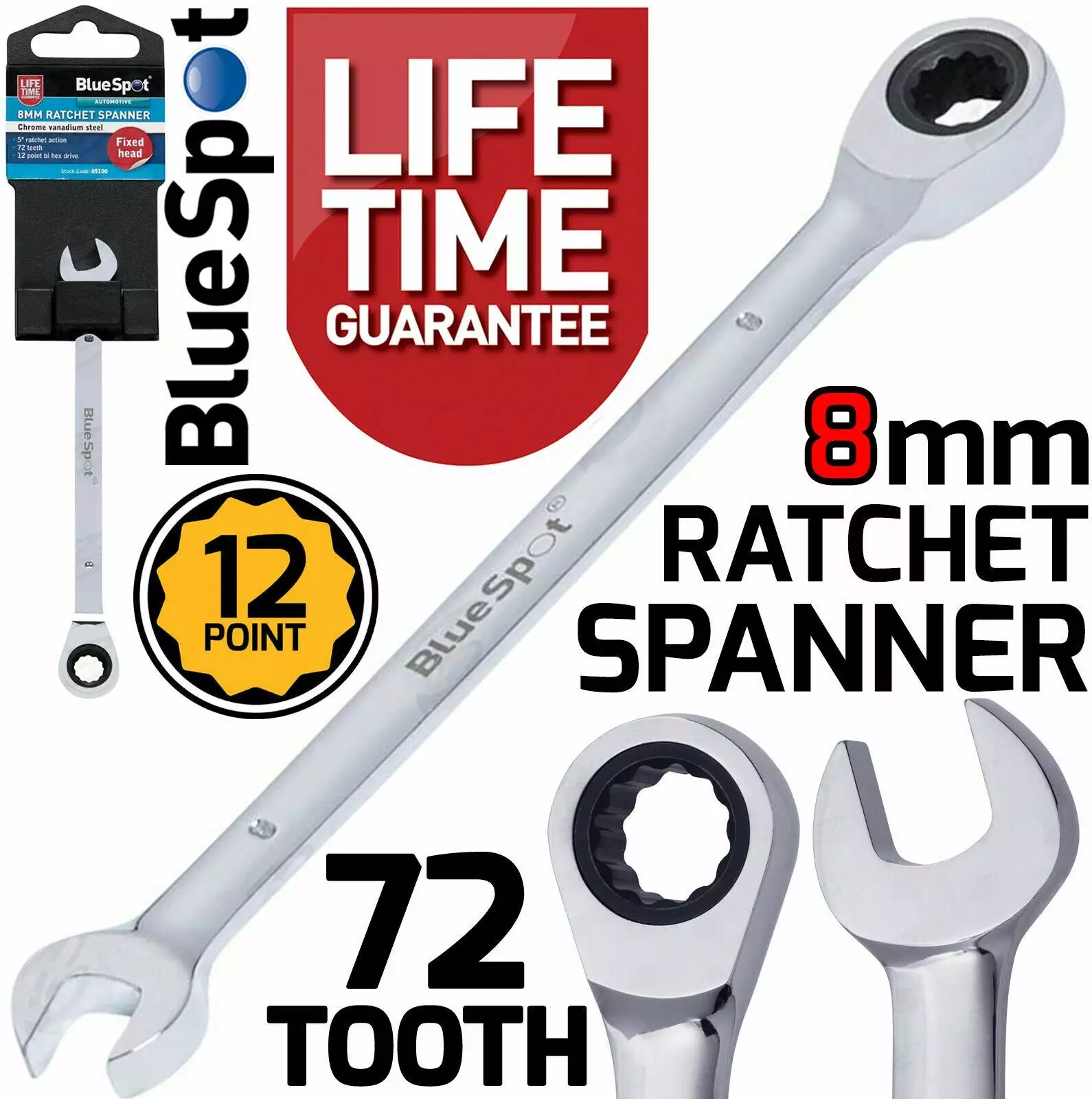 BLUESPOT 8mm Single 72 Tooth Ratchet Spanner 139mm 1 BLUESPOT 8mm Single 72 Tooth Ratchet Spanner 139mm