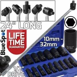 BlueSpot BREAKER BAR 16pc DEEP IMPACT Sockets 1/2"Dr 24" Long Strong Arm Power Bar