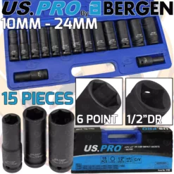 US PRO By BERGEN US PRO DEEP IMPACT SOCKET Set 1/2"Dr 15pc 10mm-24mm 6pt Hex Long Reach Sockets