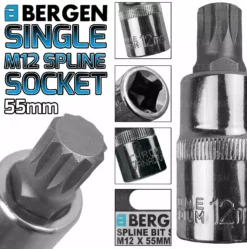US PRO By BERGEN BERGEN Spline Socket M12mm 1/2" Drive 55mm 12mm Spline Key Single Socket