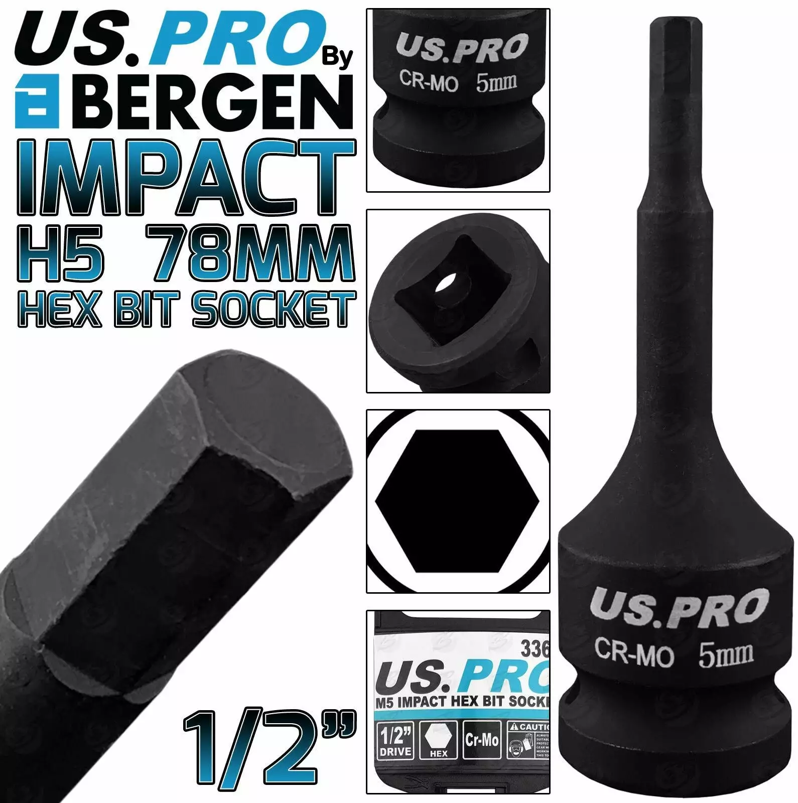 US PRO By BERGEN BERGEN H5 Impact Hex Bit Socket 1/2"Dr 5mm Impact Allen Key 78mm Long Hex Socket 1 US PRO By BERGEN BERGEN H5 Impact Hex Bit Socket 1/2"Dr 5mm Impact Allen Key 78mm Long Hex Socket