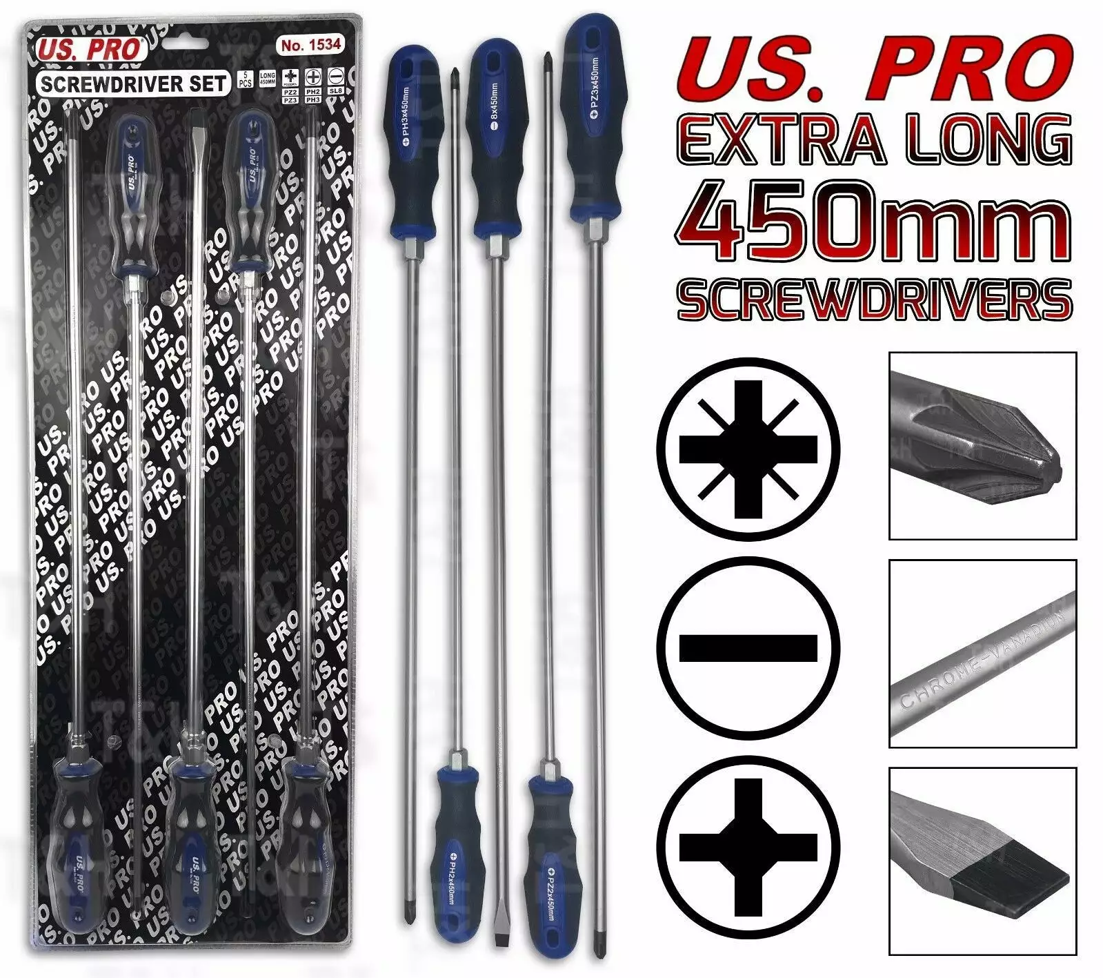 US PRO By BERGEN US.PRO HEAVY DUTY EXTRA LONG 5pc Screwdriver Set 450mm PZ2 PZ3 PH2 PH3 SL8 Pozi 1 US PRO By BERGEN US.PRO HEAVY DUTY EXTRA LONG 5pc Screwdriver Set 450mm PZ2 PZ3 PH2 PH3 SL8 Pozi