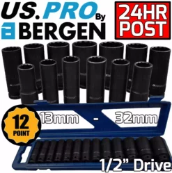 US PRO By BERGEN US.PRO By BERGEN 12 Point DEEP IMPACT Socket Set 1/2" Drive Long Reach Impact Sockets 13pc