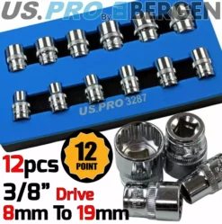 US PRO By BERGEN BERGEN 12 Point Socket Set 3/8" Drive Double Hex Shallow Sockets Set 12pc Tools