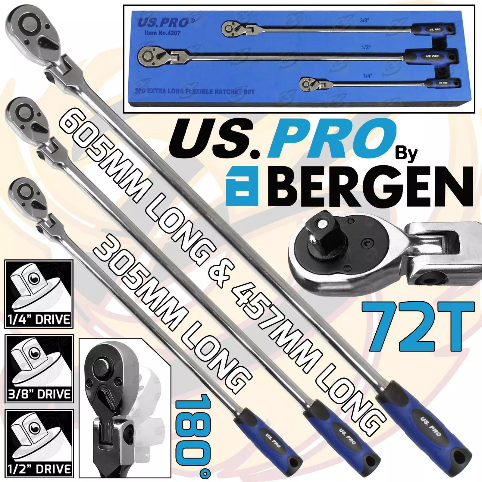 US PRO By BERGEN US.PRO By BERGEN Extra Long Flexible Ratchets 1/2"Dr 3/8" 1/4" Drive 72T Reversible Handle 1 US PRO By BERGEN US.PRO By BERGEN Extra Long Flexible Ratchets 1/2"Dr 3/8" 1/4" Drive 72T Reversible Handle