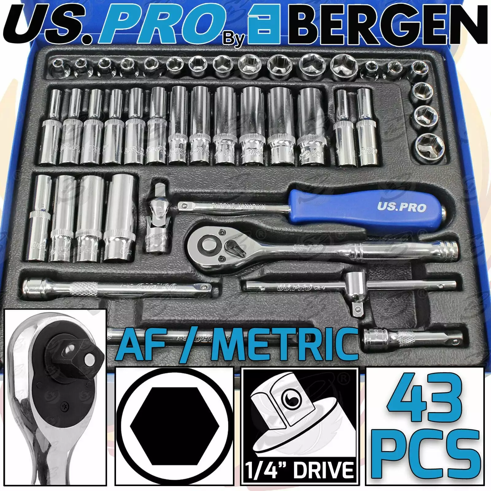 US PRO By BERGEN US.PRO By BERGEN Socket Set 43pc 1/4" Drive Metric AF Ratchet Hex UJ Adaptor Socket Set 1 US PRO By BERGEN US.PRO By BERGEN Socket Set 43pc 1/4" Drive Metric AF Ratchet Hex UJ Adaptor Socket Set