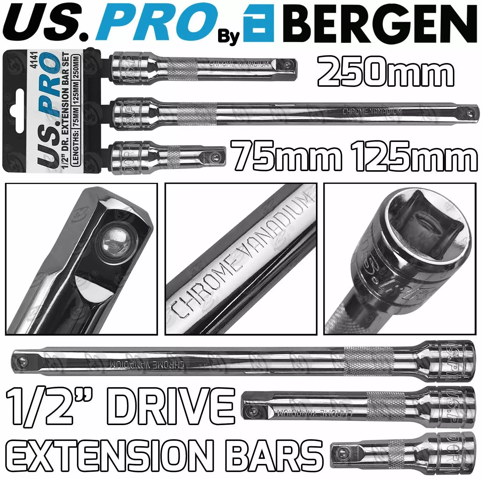 US PRO By BERGEN US.PRO By BERGEN 1/2" Extension Bars 3pc Long Reach Extension Bar Set 1/2" Inch Drive 1 US PRO By BERGEN US.PRO By BERGEN 1/2" Extension Bars 3pc Long Reach Extension Bar Set 1/2" Inch Drive