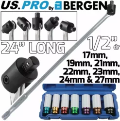 US PRO By BERGEN BERGEN BREAKER BAR 7pc Alloy Wheel Sockets 1/2" Dr 24" Long Strong Arm Power Bar