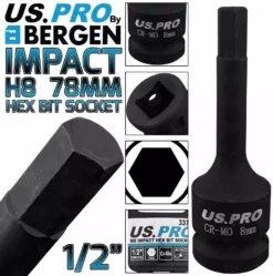 US PRO By BERGEN BERGEN H8 Impact Hex Bit Socket 1/2"Dr 8mm Impact Allen Key 78mm Long Hex Socket