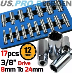 US PRO By BERGEN BERGEN 12 Point Deep Socket Set 3/8"dr 8-24mm Double Hex Long Reach Deep Sockets