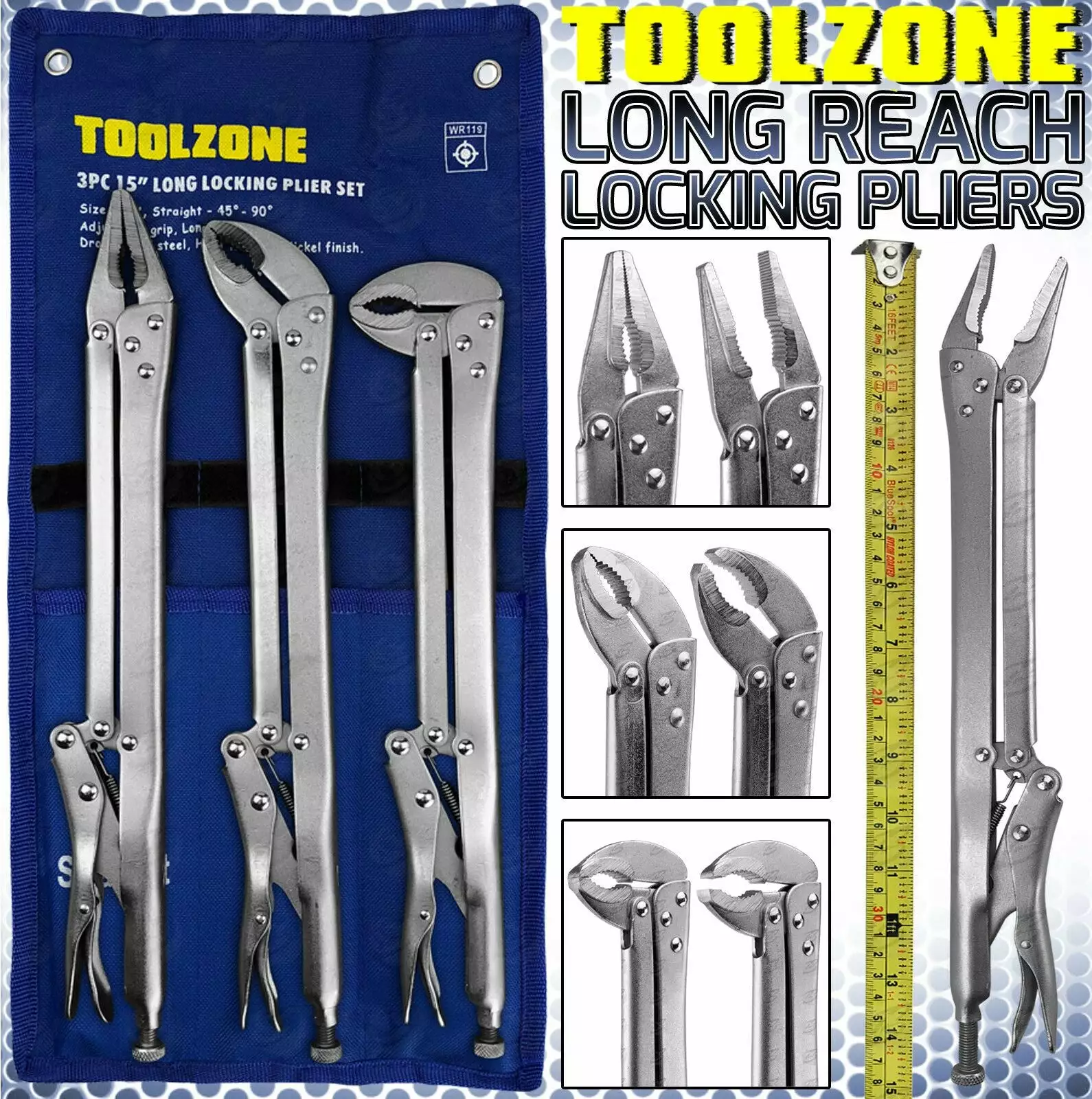 TOOLZONE 3 Piece Extra Long Locking Pliers 1 TOOLZONE 3 Piece Extra Long Locking Pliers