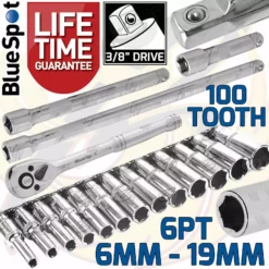 BlueSpot Deep Socket Set 3/8" Drive 6mm - 19mm 100 Tooth Ratchet & Extensions Long Reach