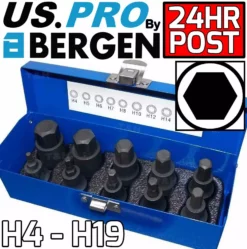 US PRO By BERGEN US.PRO IMPACT HEX BIT Sockets Set 1/2" Dr Impact H4 To H19 Allen Keys S2 Steel