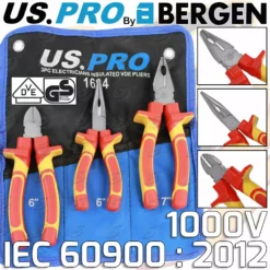 US PRO By BERGEN US.PRO By BERGEN 3 Piece VDE 1000V Soft Grip Electrical Combination Pliers Side Long Nose