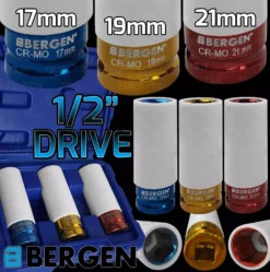 US PRO By BERGEN BERGEN Alloy Wheel Nut DEEP Thin Wall Impact Socket Set 1/2"drive 17mm 19mm 21mm