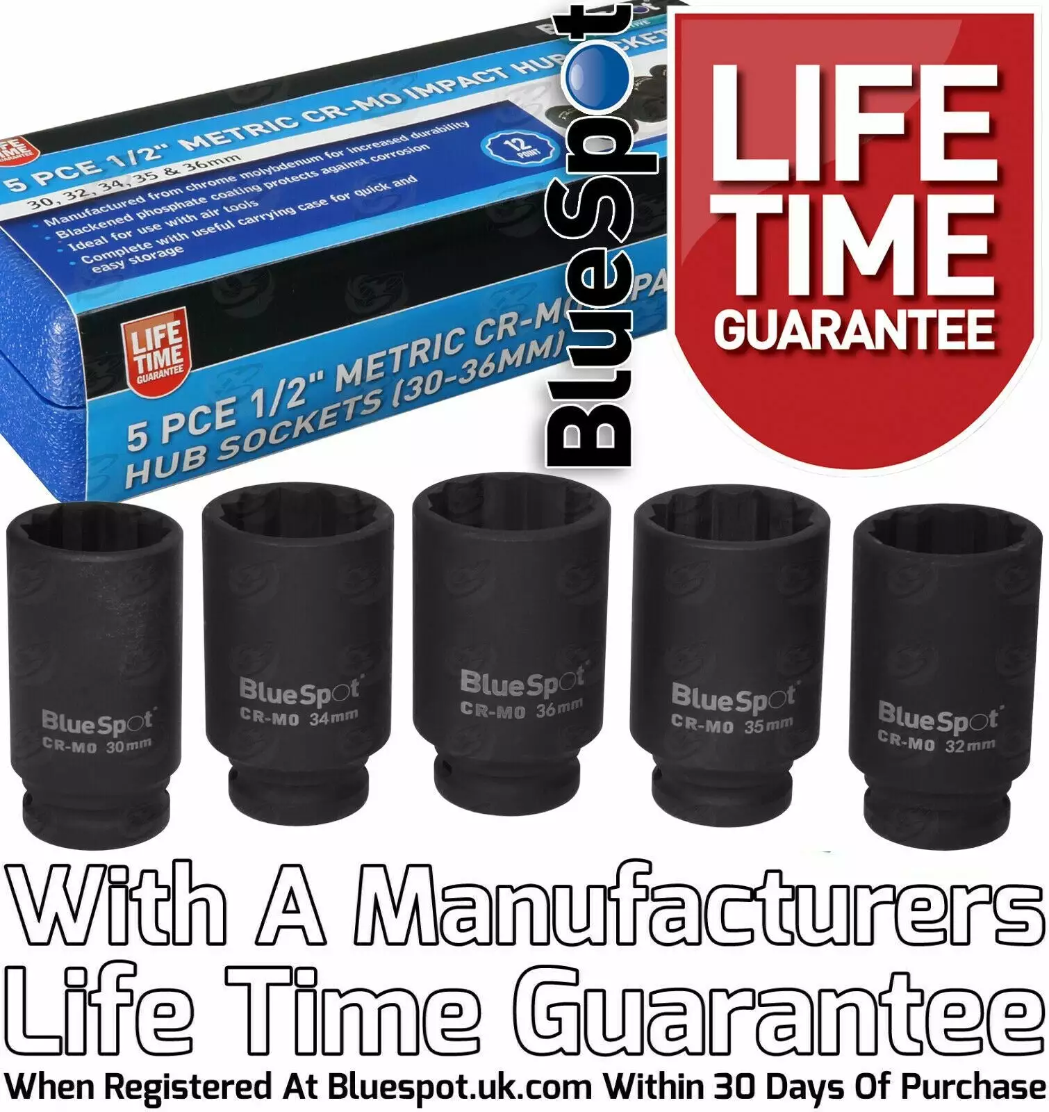 BlueSpot 12 Point Axle Hub Nut DEEP IMPACT Socket Set 1/2"Dr Thin Wall Drive Shaft Socket 3 BlueSpot 12 Point Axle Hub Nut DEEP IMPACT Socket Set 1/2"Dr Thin Wall Drive Shaft Socket - Image 3
