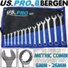 US PRO By BERGEN US PRO Combination Spanners Combi Wrench Set 14pc 6-26mm Open & Ring End Spanner