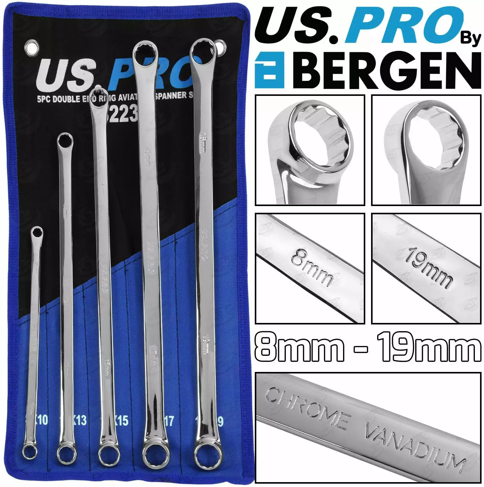 US PRO By BERGEN 5 Piece EXTRA LONG AVIATION Spanner Set 8mm - 19mm 1 US PRO By BERGEN 5 Piece EXTRA LONG AVIATION Spanner Set 8mm - 19mm