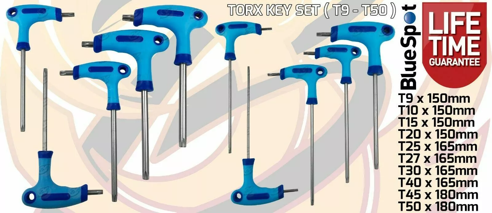 BLUESPOT T-Handle Torx Star Key Set T9 - T50 Torx Drivers 10pc Long & Short Reach Torx TX 2 BLUESPOT T-Handle Torx Star Key Set T9 - T50 Torx Drivers 10pc Long & Short Reach Torx TX - Image 2