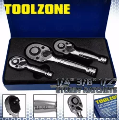 TOOLZONE 3pc Stubby Ratchet Handles 1/4" 3/8" 1/2" Drive Reversible Socket Wrench Set 72T