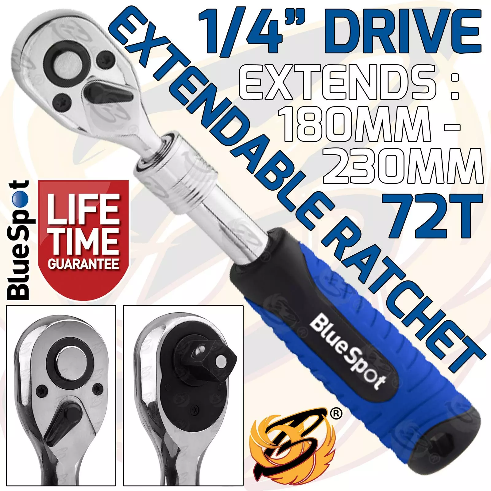 BlueSpot 1/4" Drive 72T Tooth Extendable Ratchet Handle Reversible 180mm - 230mm 1 BlueSpot 1/4" Drive 72T Tooth Extendable Ratchet Handle Reversible 180mm - 230mm