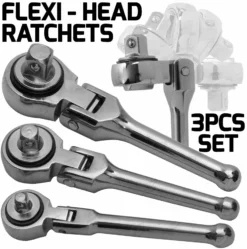 TOOLZONE 3pc Stubby Flexible Ratchet Handle Set 1/4" 3/8" 1/2" Short FlexiSocket Wrenches