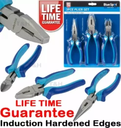 BlueSpot Pliers 3pc HARDENED Combination Plier Set Side Cutters Long Nose Pliers Wire Cut