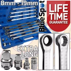 BLUESPOT Extra Long Double Ring Aviation Spanners With Ratchet End 8-19mm Wrenches 12pt