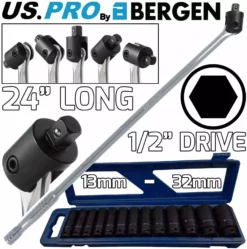 US PRO By BERGEN BERGEN BREAKER BAR 13pc DEEP IMPACT Sockets 1/2"Dr 24" Long Strong Arm Power Bar