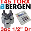 US PRO By BERGEN 3pc T45 TORX BIT SET 1/2"dr Star Bit Set T45 TORX Socket Set Chrome Vanadium CRV