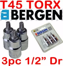 US PRO By BERGEN 3pc T45 TORX BIT SET 1/2"dr Star Bit Set T45 TORX Socket Set Chrome Vanadium CRV
