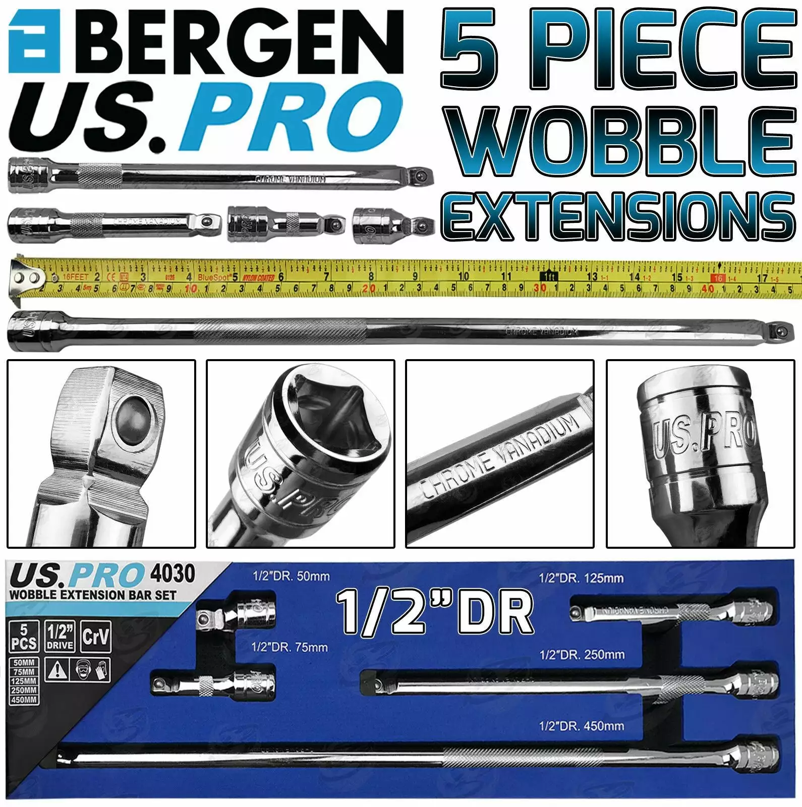 US PRO By BERGEN 1/2" Drive WOBBLE Extension Bar 50mm - 450mm 1 US PRO By BERGEN 1/2" Drive WOBBLE Extension Bar 50mm - 450mm