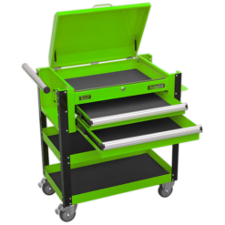 Sealey AP760MHV Heavy-Duty Mobile Tool &amp; Parts Trolley 2 Drawers &amp; Lockable Top - Green -SOCKET SETS & EXTENSION BARS Sales AP760MHV DRAWERS OPEN PIC3 DFC33195