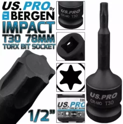 US PRO By BERGEN BERGEN T30 IMPACT TORX Bit Socket 1/2"Dr TRX30 78mm Long Reach Impact Star Torx
