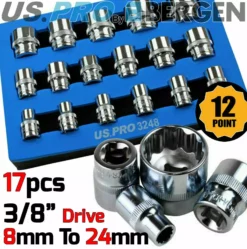 US PRO By BERGEN BERGEN 12 Point Socket Set 3/8" Drive Double Hex Shallow Sockets Set 17pc Tools