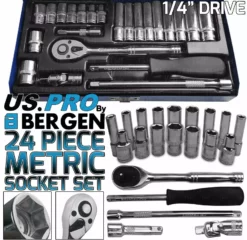 US PRO By BERGEN BERGEN Metric Socket Set 24 Piece 1/4" Drive 6 Point 4-13mm Deep Socket Set
