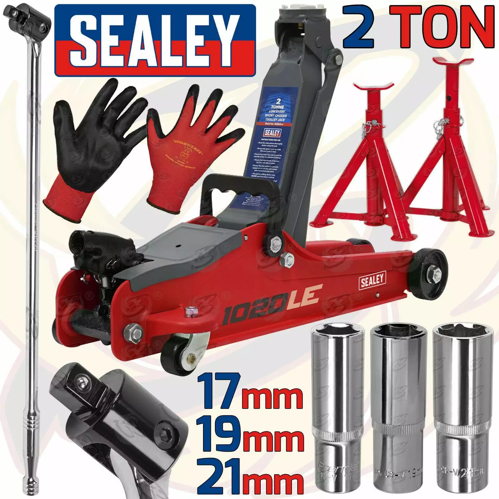 SEALEY 2 Tonne Trolley Jack Axle Stands 1/2" Drive Breaker Bar 17mm 19mm 21mm NB RED 1 SEALEY 2 Tonne Trolley Jack Axle Stands 1/2" Drive Breaker Bar 17mm 19mm 21mm NB RED