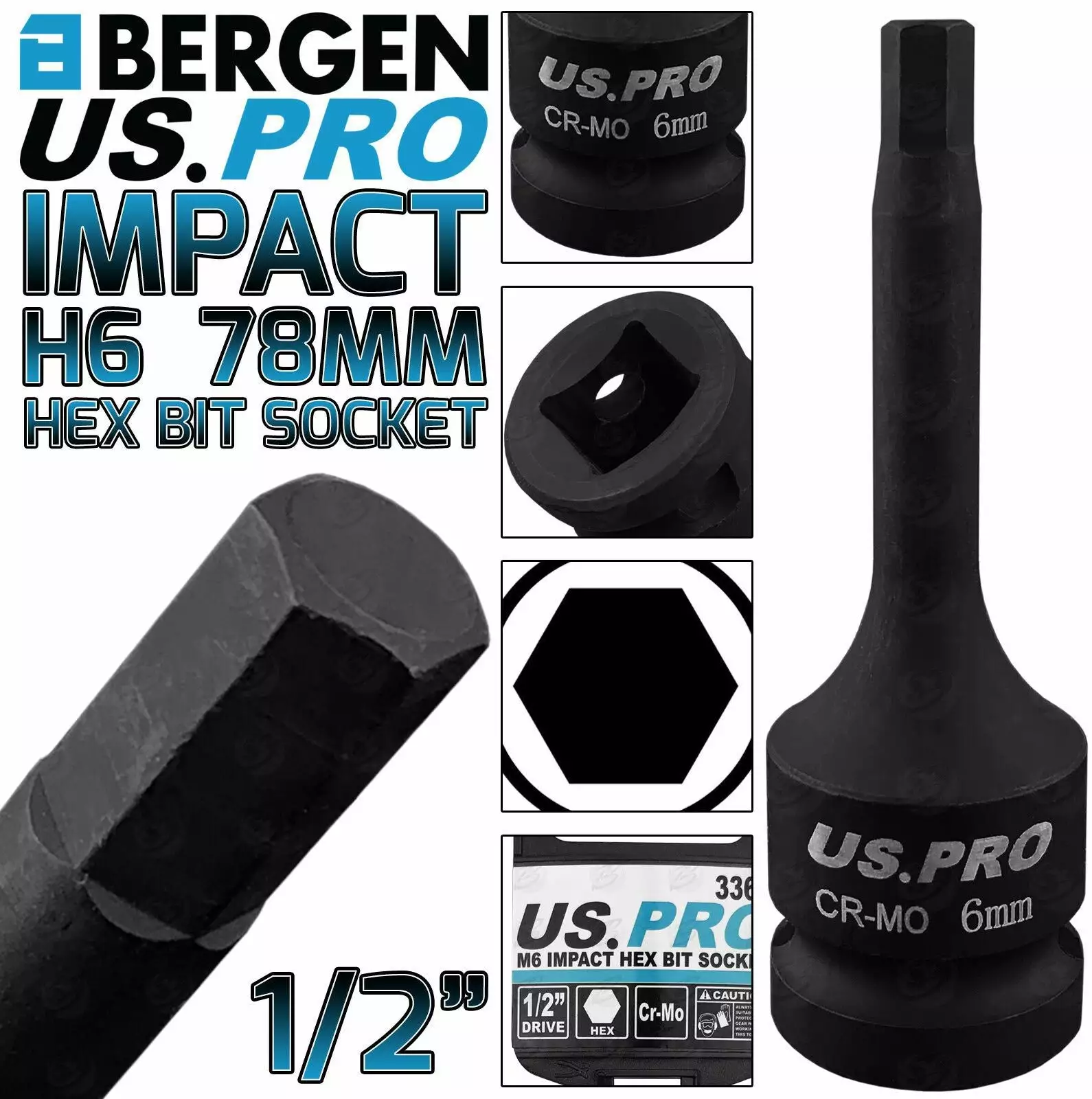 US PRO By BERGEN BERGEN H6 Impact Hex Bit Socket 1/2"Dr 6mm Impact Allen Key 78mm Long Hex Socket 1 US PRO By BERGEN BERGEN H6 Impact Hex Bit Socket 1/2"Dr 6mm Impact Allen Key 78mm Long Hex Socket