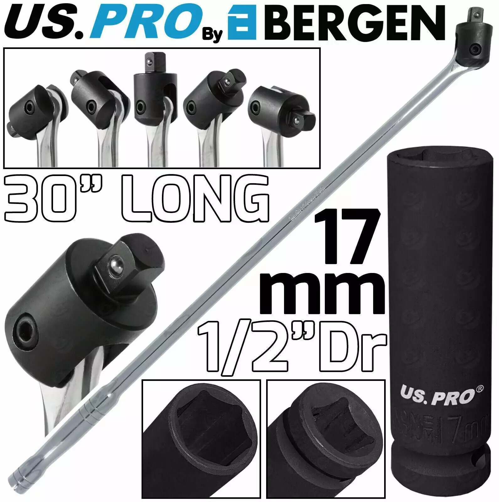 US PRO By BERGEN US.PRO By BERGEN BREAKER BAR 17mm 1/2" Dr Deep Impact Socket 30" Long Strong Arm Power Bar 1 US PRO By BERGEN US.PRO By BERGEN BREAKER BAR 17mm 1/2" Dr Deep Impact Socket 30" Long Strong Arm Power Bar