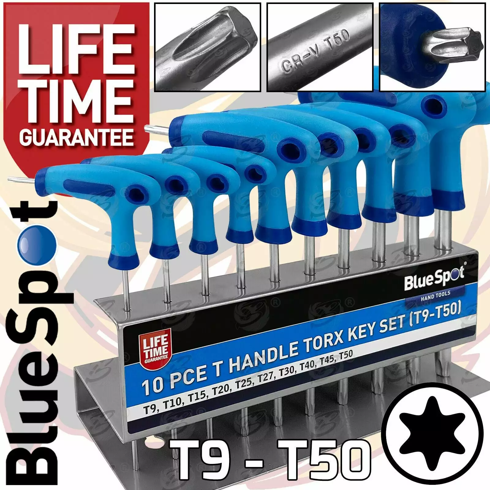 BLUESPOT T-Handle Torx Star Key Set T9 - T50 Torx Drivers 10pc Long & Short Reach Torx TX 1 BLUESPOT T-Handle Torx Star Key Set T9 - T50 Torx Drivers 10pc Long & Short Reach Torx TX
